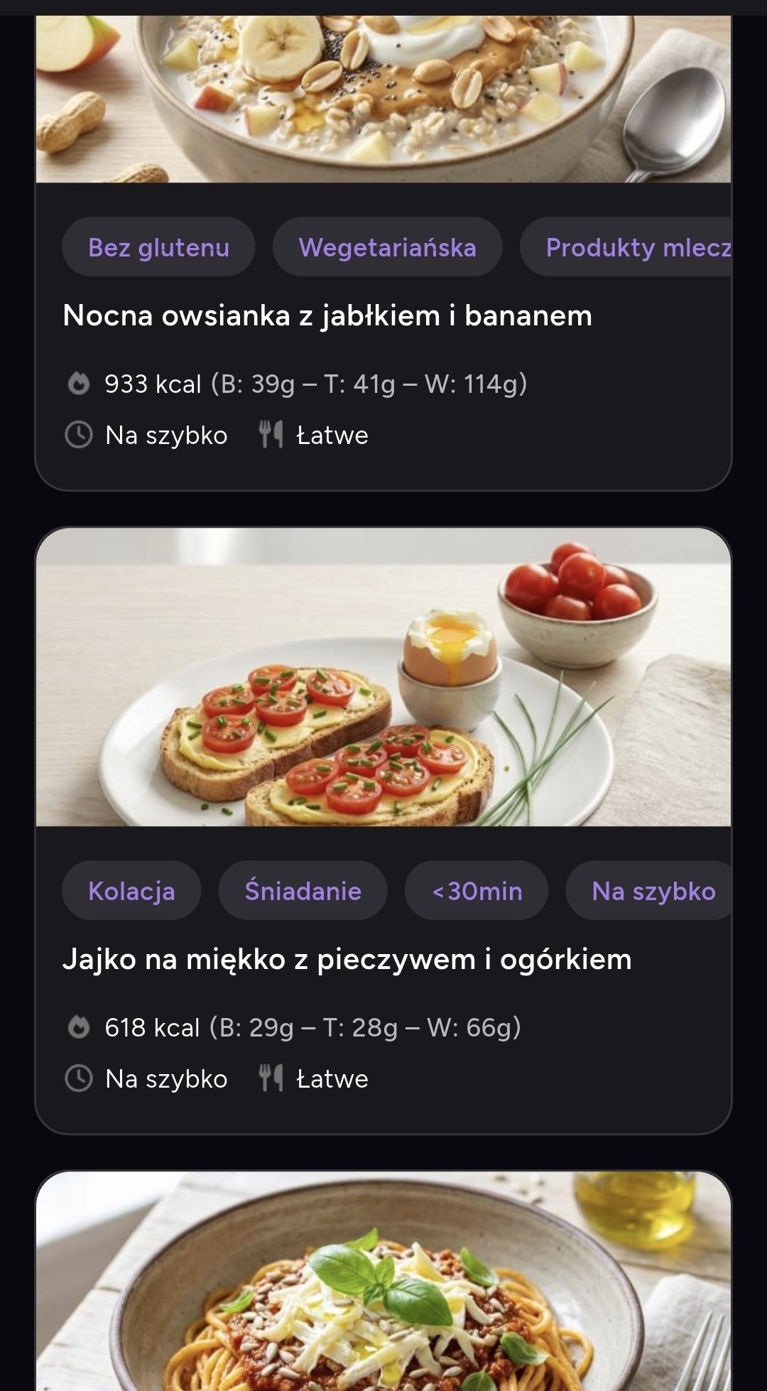 Widok posiÅkÃ³w w aplikacji